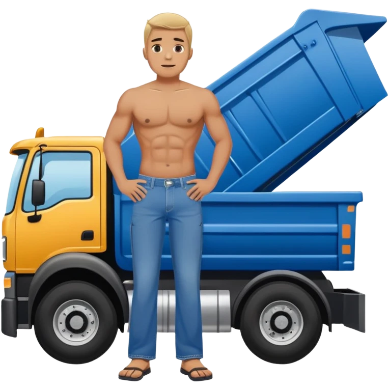 Man with blue Jean style speedo standing in front of a dump truck  emoji