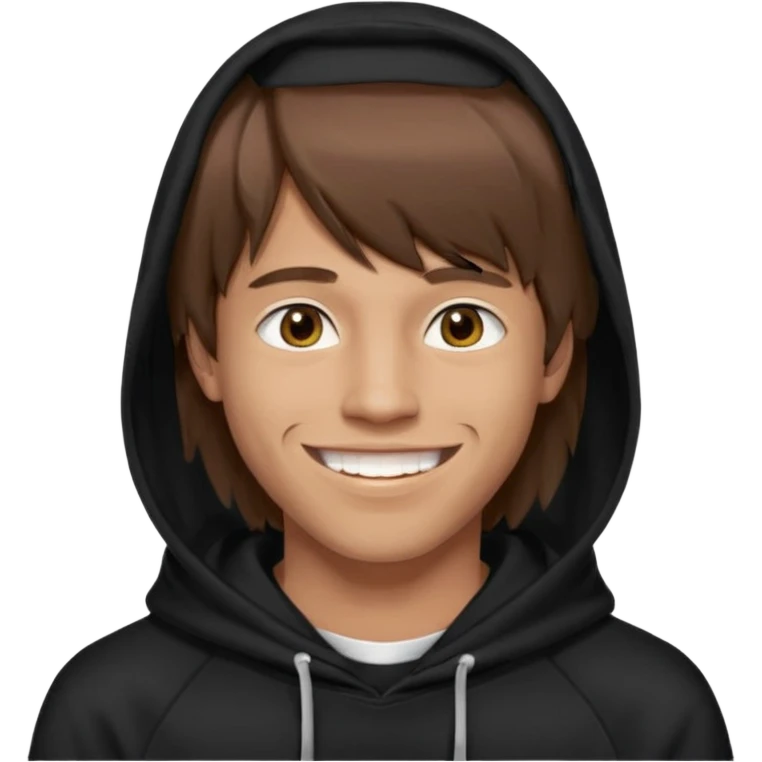 20 yr old man, brown hair, straight, big smile, white teeth, tanned skin, bangs, black hooded sweatshirt, long hair in back, middle parted bangs emoji