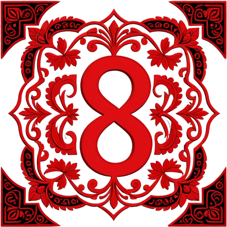 Russian ruble currency symbol (₽) decorated with traditional Udmurt folk patterns, geometric ornaments in red and black colors, symmetrical design emoji