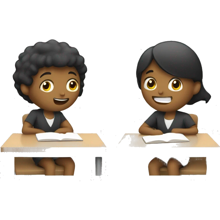 2 students sitting at desks and speaking to each other. emoji