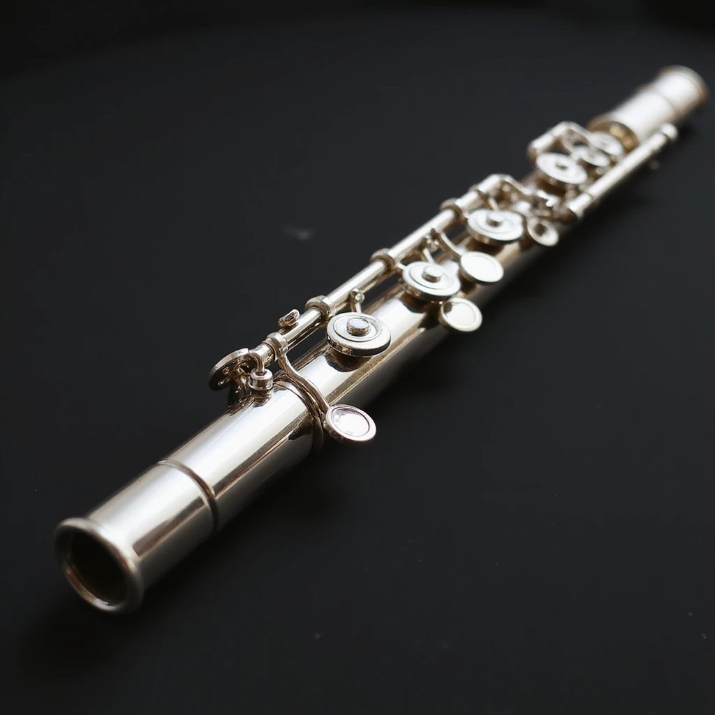 realistic depiction of band flute with metallic body and buttons, mouthpiece visible, no person, instrument only, plain background emoji