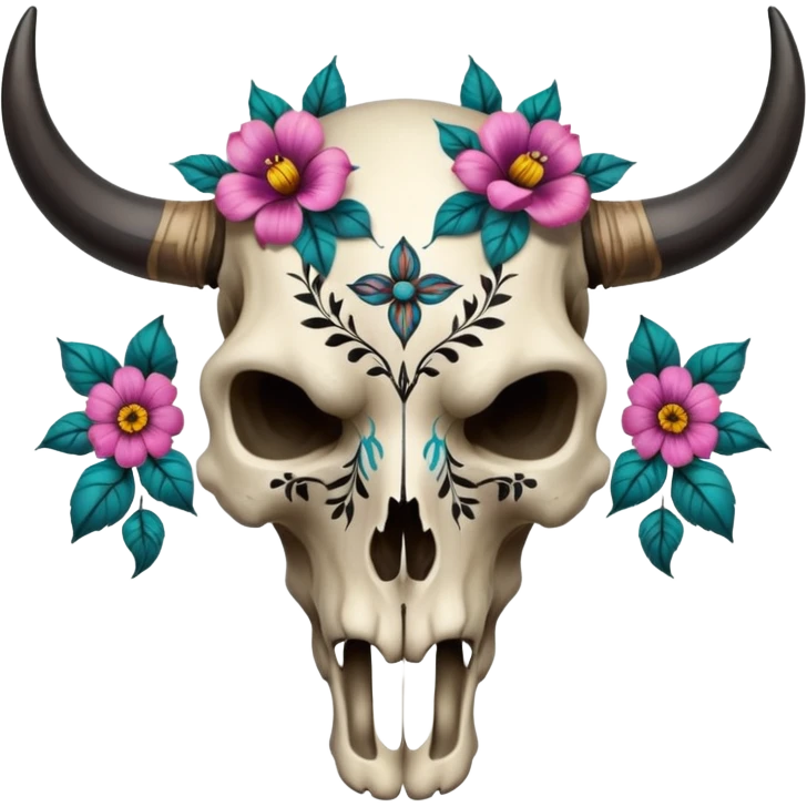 Aesthetic tattooed bull skull cranium with flowers, black painted pattern markings  emoji