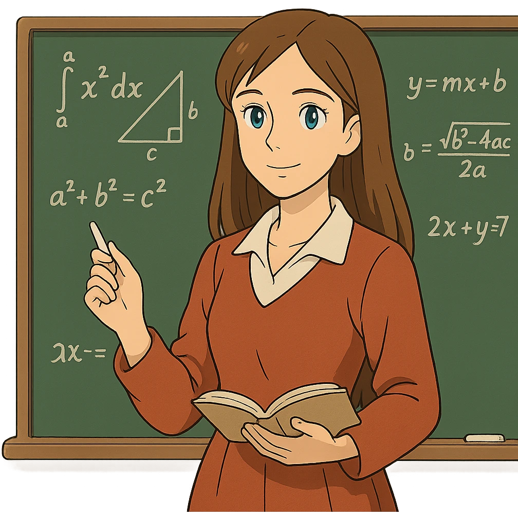 ghibli style female math teacher, brown straight hair, blue eyes, Caucasian, no glasses, at chalkboard emoji