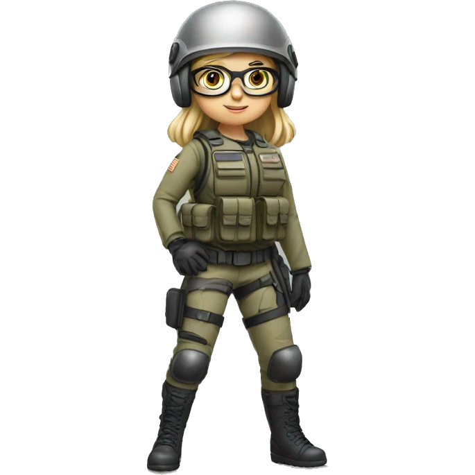 girl, 30 year, blondish/greyish, helmet, glasses with small frame, full body, army, ready to fight, with dog emoji