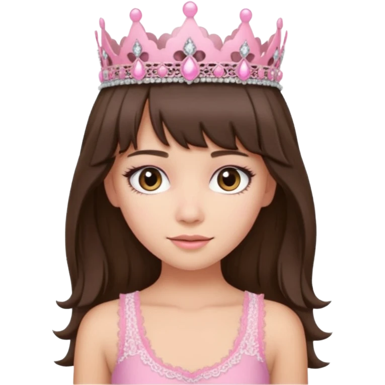 super long haired brunette with middle part curtain bangs cute pink lacy tank with a pink tiara on head, white but with a little bit of tan emoji
