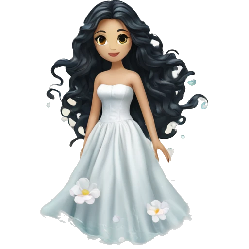 Pretty young Lady doll posing posed pose with long black hair flowers in hair white dress surrounded by flowing water water swirls waves emoji
