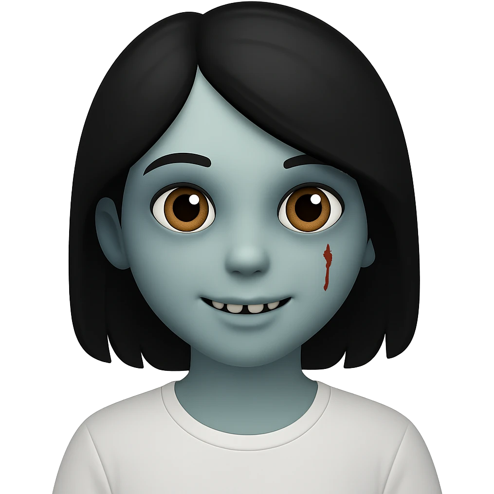 Create an image of a zombie girl with black hair wearing a white t-shirt, minimal blood, in the style of Apple emojis, with no background, with a different facial expression. emoji