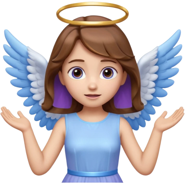 Cute 3D angel emoji, brown hair, glowing halo, small blue-white wings, pastel purple dress, hands raised, big expressive eyes, soft lighting, glossy texture, Pixar style, high detail emoji