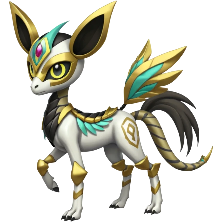 Arrow-patterned chevron-marked Big-eyed anime-styled Colorful Shiny Tribal Skeletal masked armored Meloetta-Silvally-Solgaleo-Raikou-Pokémon-Digimon-Fakémon-fusion-hybrid-creature, full body emoji