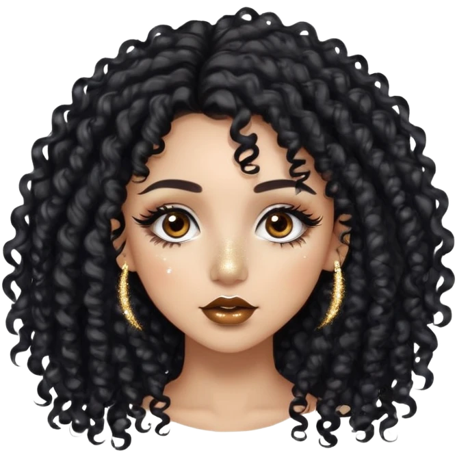 LightSkin girl with long black curly hair brown eyes nose ring on left nose brown lip liner shiny lips with glitter and long eye lashes emoji