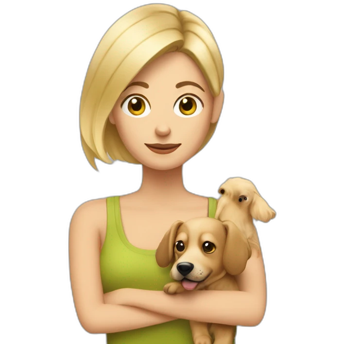 mujer rubia de pelo corto con su perro pincher en brazos emoji