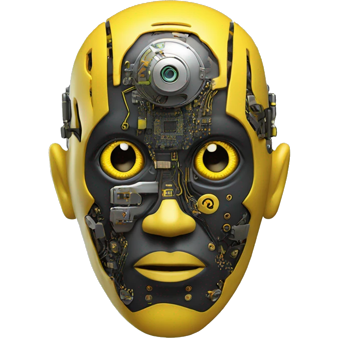 black and yellow cyborg head with circuitry, one artificial eyeball, and yellow goatee emoji