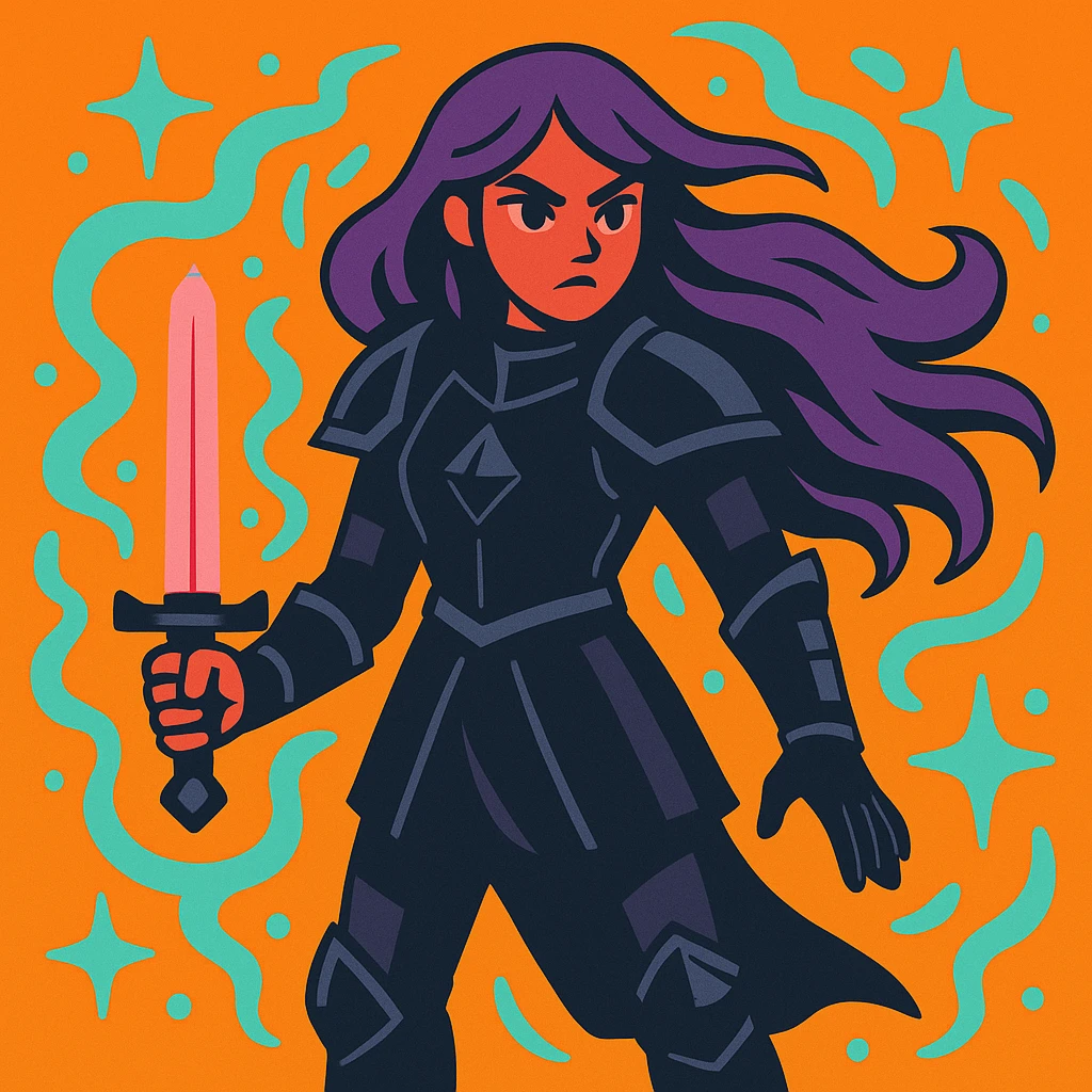 A mysterious warrior girl with flowing purple hair, dressed in black armor, with a magical aura, vibrant toon style. emoji