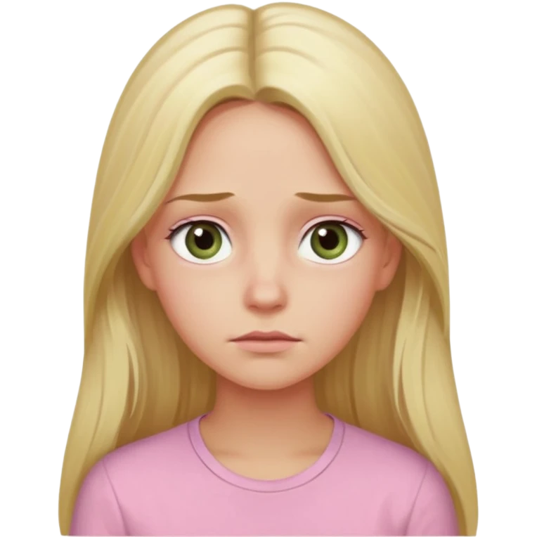 blonde with long hair and swamp-colored eyes, wearing a pastel pink shirt, thoughtful expression, eyes looking to the side, iOS Apple emoji style emoji