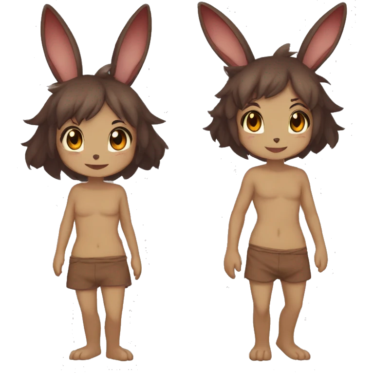 Anthro, Sona, Dark-Brown, Normal-type-Ground-type Tan-Rabbit-Fakémon with Dark-Red eyes, beige ears, beige belly, beige paws, beige feet, beige freckles, full body emoji