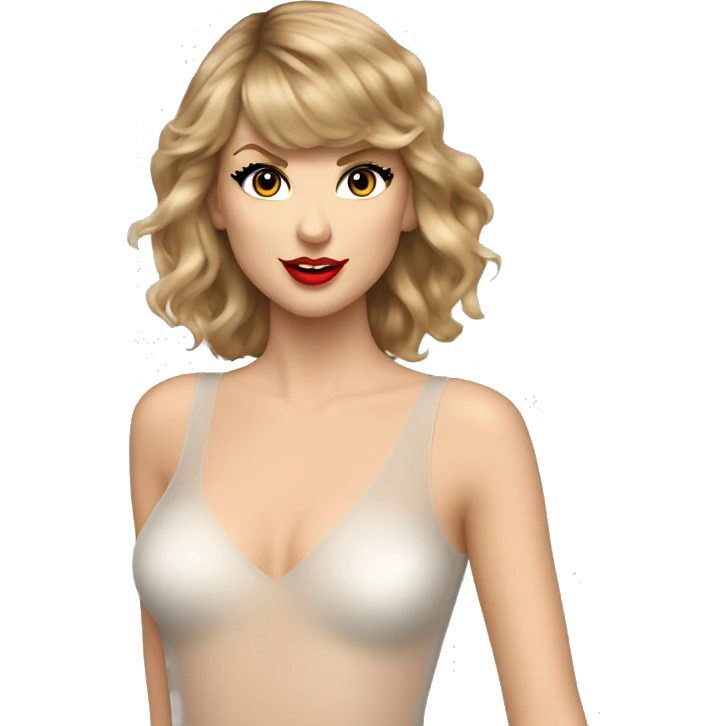 Taylor swift in a flush very translucent bodysuit looking left lower third emoji