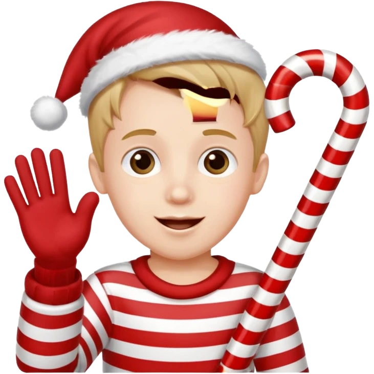 A boy waving a candy cane happily, emoji