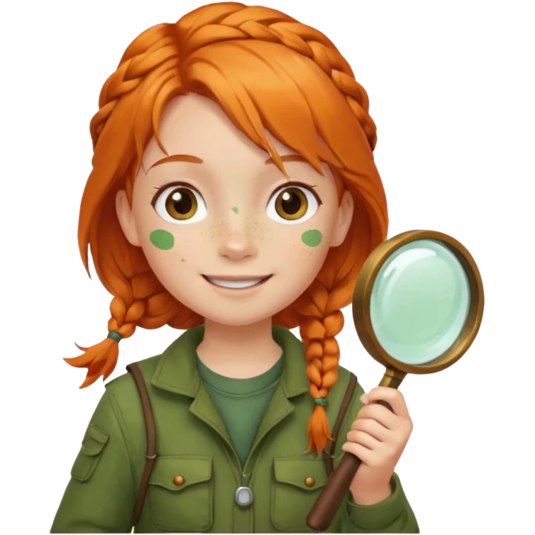 braid orange haired girl kid in moss green explorer outfit, holding magnifying glass, smile emoji
