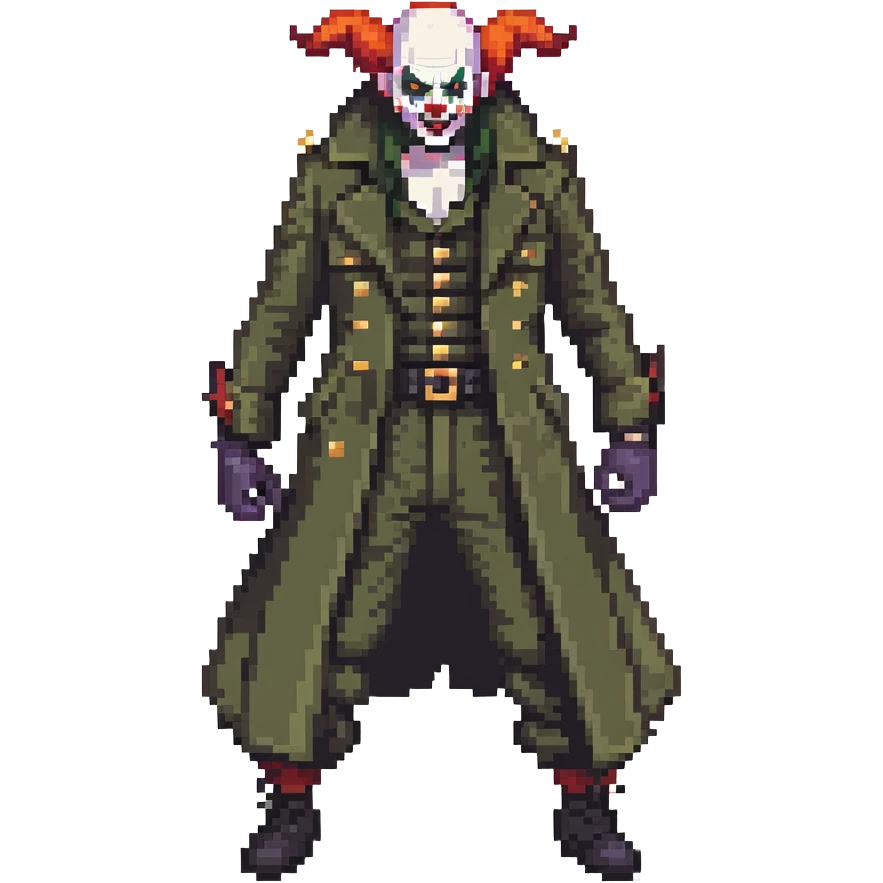 evil clown soldier, bald, small black satan horns on forehead, fangs, pointed ears, eye patch over one eye, long coat over black and military green clothes with bellbottom pants, realistically proportioned, less bulky, full body, fighting stance emoji