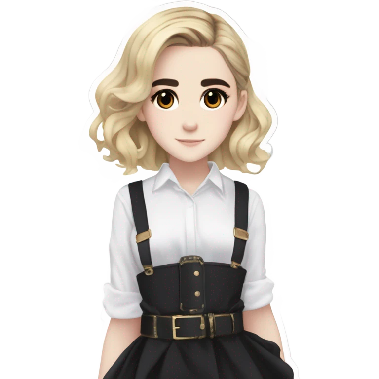 Anime version of Kiernan Shipka in 20denier black thigh highs and super high platform high heel sandals with white blouse with belt  emoji