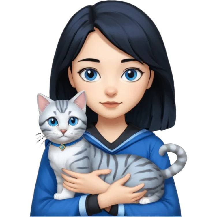 Girl with light skin, blue eyes, shoulder length straight black hair, wears a ravenclaw outfit, with a silver bengal cat holding in her arms emoji