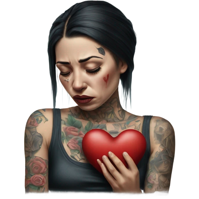 Hyper Realistic Beautiful tattooed woman crying holding a broken heart cushion emoji