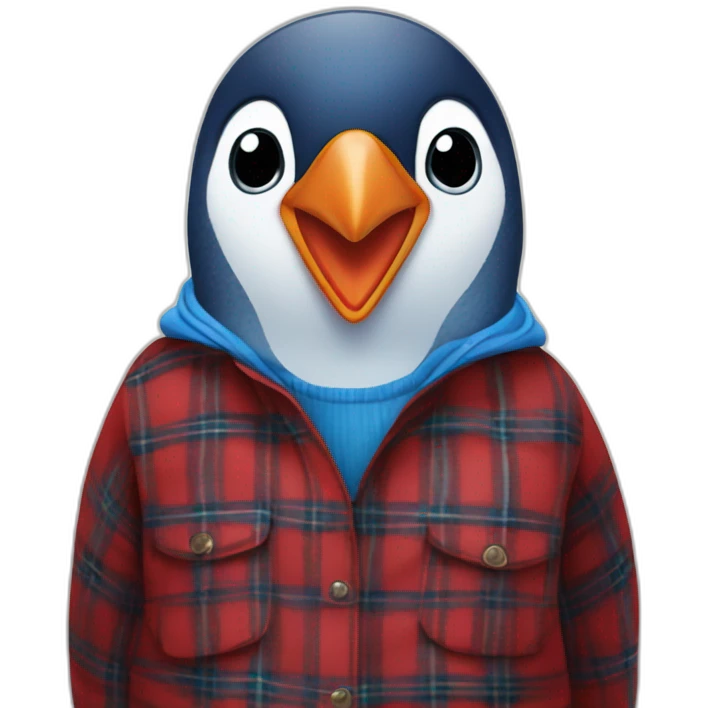 Blue penguin in a red tartan buttoned shirt emoji