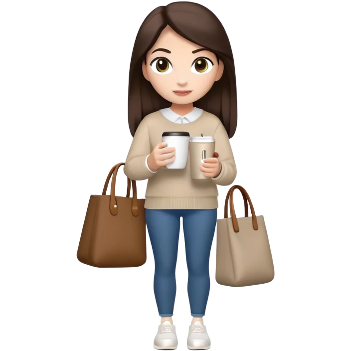 A full-body  female character in Apple Memoji style. She has the same face, hair color, and features as the provided reference (long dark brown hair, neutral skin tone, expressive eyes). She is wearing a modest, trendy outfit with a neutral-colored sweater or outer, carrying a tote bag on one shoulder, holding a cup of coffee in the other hand, and wearing white AirPods. The overall style should closely resemble an official iPhone Memoji, with a friendly and relaxed vibe. Simple background. emoji