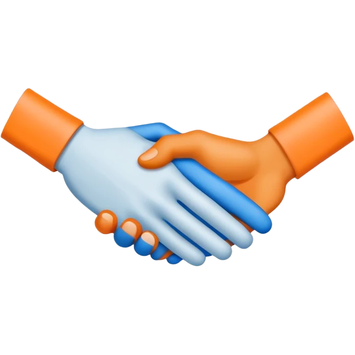 Two stylized hands (orange 🟠 and blue 🔵) clasped in a firm handshake. Minimalist lines, bold colors. Symbolizes partnership, trust, and collaboration. 🤝 emoji