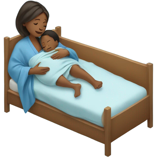 A pregnant woman resting on a hospital bed, holding her newborn baby wrapped snugly in a blue swaddle blanket.






 emoji