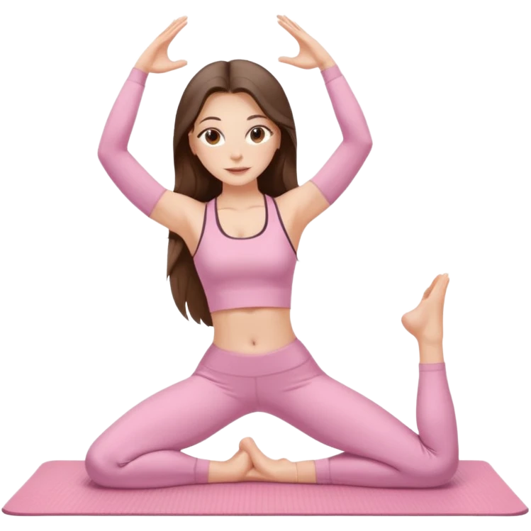 white brunette girl long hair with hazel eyes in light pink workout clothes stretching on a yoga mat emoji