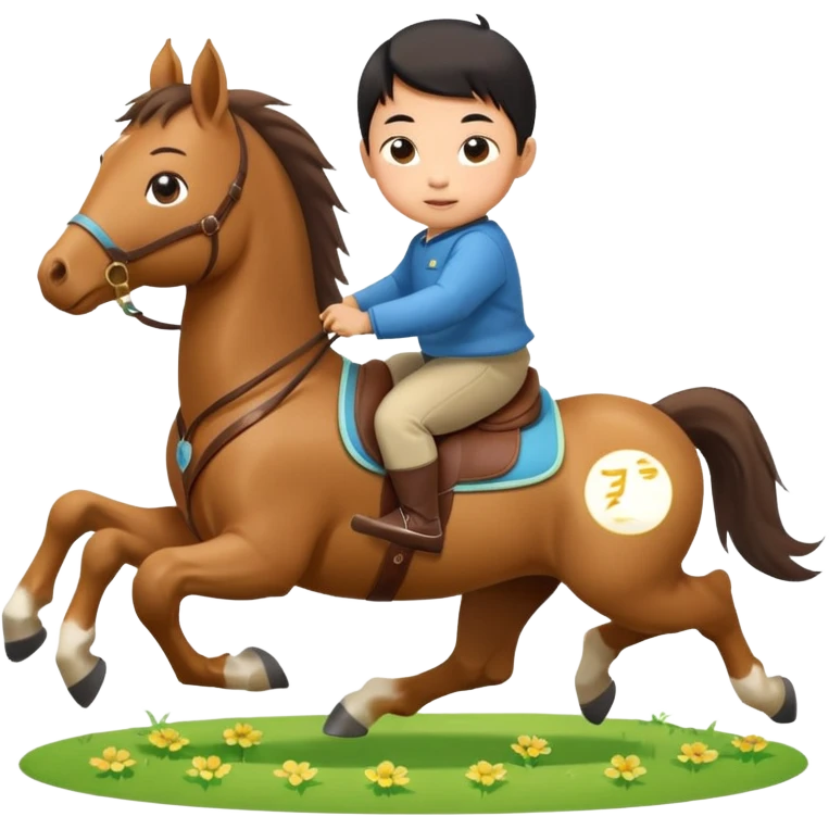 l little chinese baby riding on a  cute horse running really fast on the grass with 2026 year's label emoji