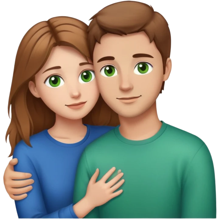 cute couple hugging, girl with light brown hair and green eyes, guy with brown hair and blue eyes emoji