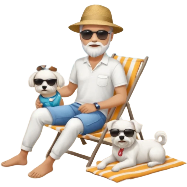 white man grey hair beard holding a white Maltese relaxing on a beach full body emoji