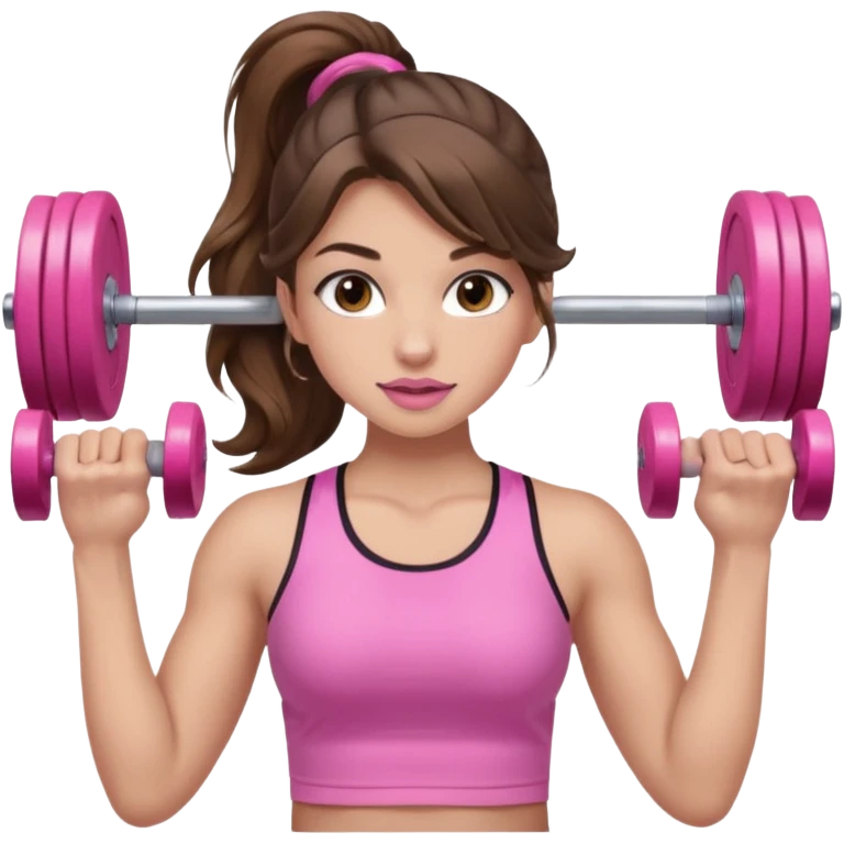 girl with wavy long ponytail brown hair, brown eyes, light to medium complexion, long lashes, light pink lipstick, wearing light pink shirt, lifting pink weights in a sports top emoji