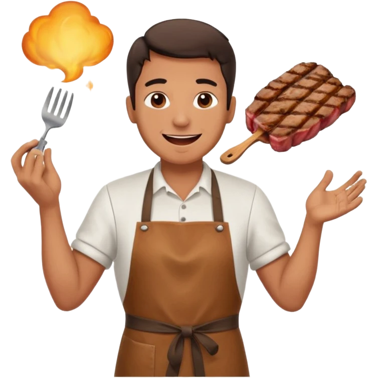 A cheerful man in an apron flipping meat on a sizzling grill with smoke puffing upward. emoji