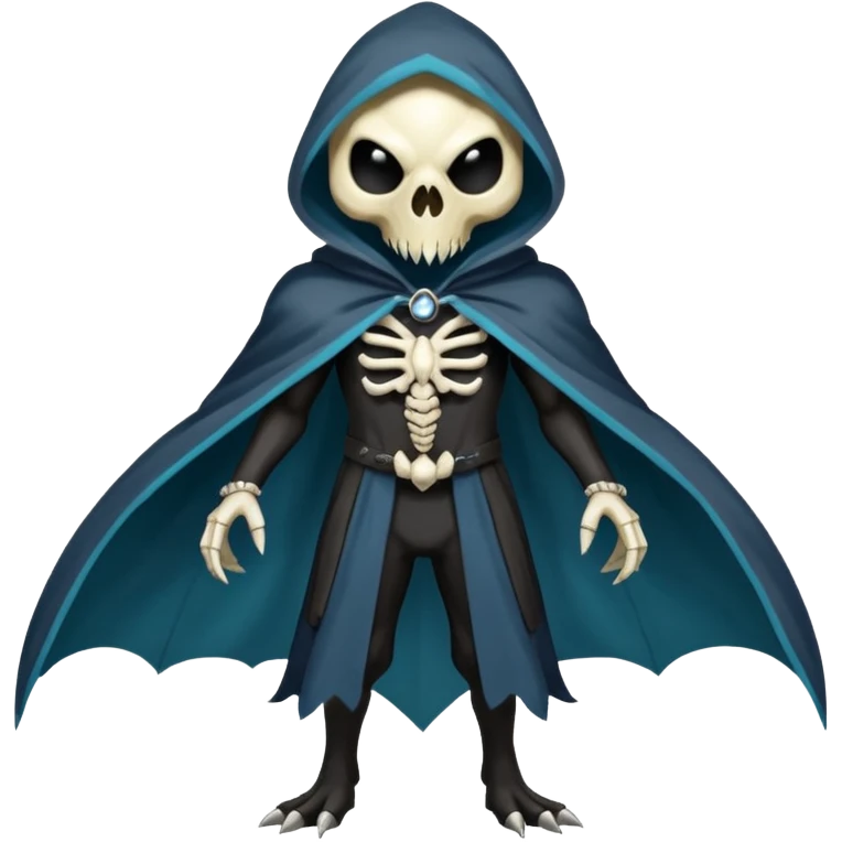 Shiny Dark Edgy  Duskull-Salandit-Inteleon-Fakémon-hybrid-creature (full body) with a bird-skull-mask and a cloak-cape emoji