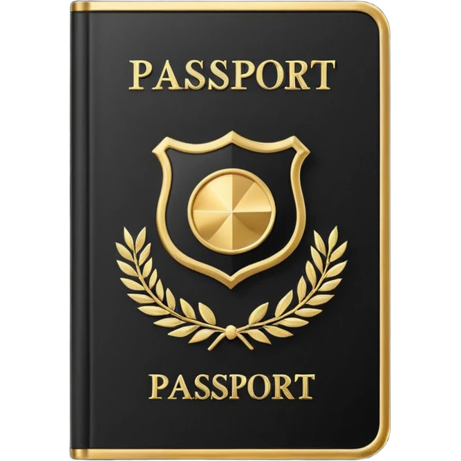 Minimal emoji icon of a black passport, matte cover, simple gold emblem, clean lighting emoji