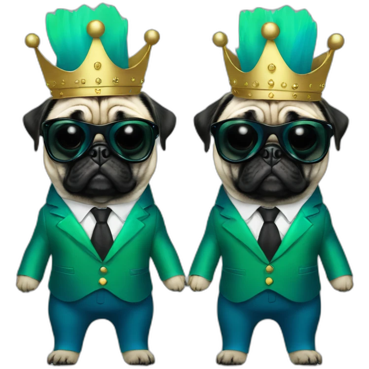 dog pug-in-gradient-green-blue-suit-with-and-black-sunglasses-standing-with-black-shoes with crown emoji