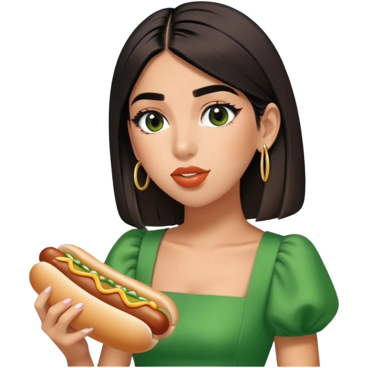 Create a picture of Dua Lipa in this green dress eating hot dogs emoji