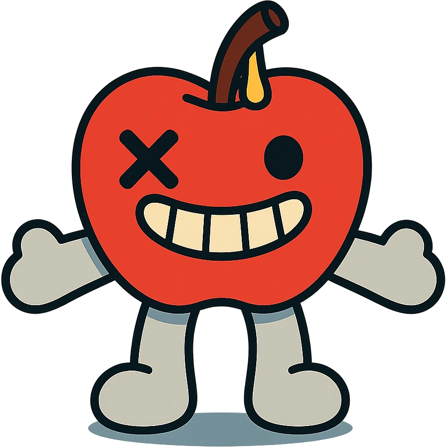 plush apple character with light grey limbs, left eye is an X, ichor coming out of stem without leaf, wide grin emoji