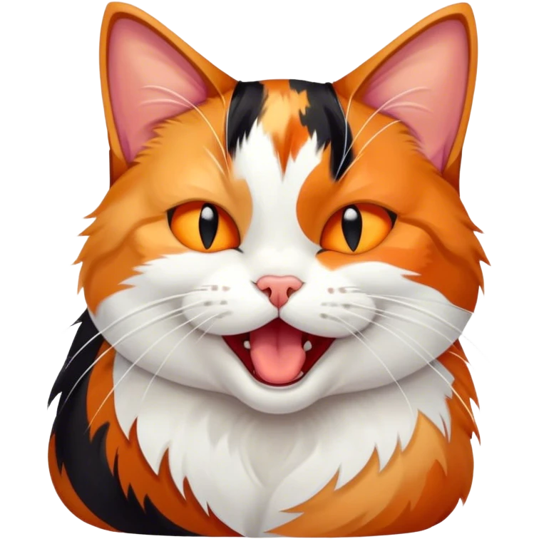 Cinematic Cute Yawning Calico Cat Portrait Emoji, Head tilted mid-yawn with a charming, relaxed expression, showcasing a soft patchwork fur of vibrant orange, black, and white, simplified yet irresistibly adorable, highly detailed, glowing with a cozy, gentle radiance, high shine, exuding sleepy yet endearing charm, styled with a soft glowing outline, capturing the essence of a calico cat caught in a delightful yawn that seems ready to cuddle up for a nap! emoji