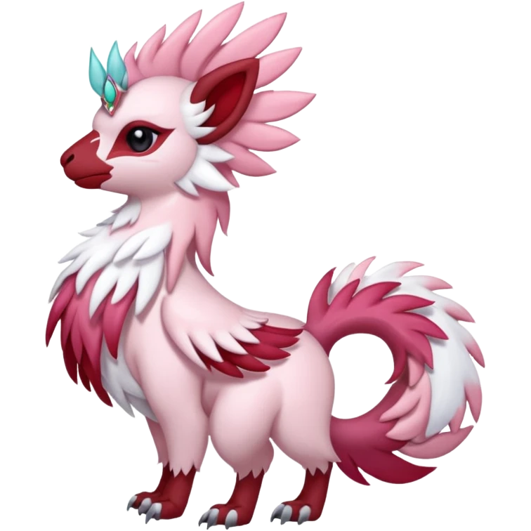 Floral feathery pastel pink and ruby-jewelry-adorned Absol-Amaura-fusion-Fakemon-animal-creature  emoji