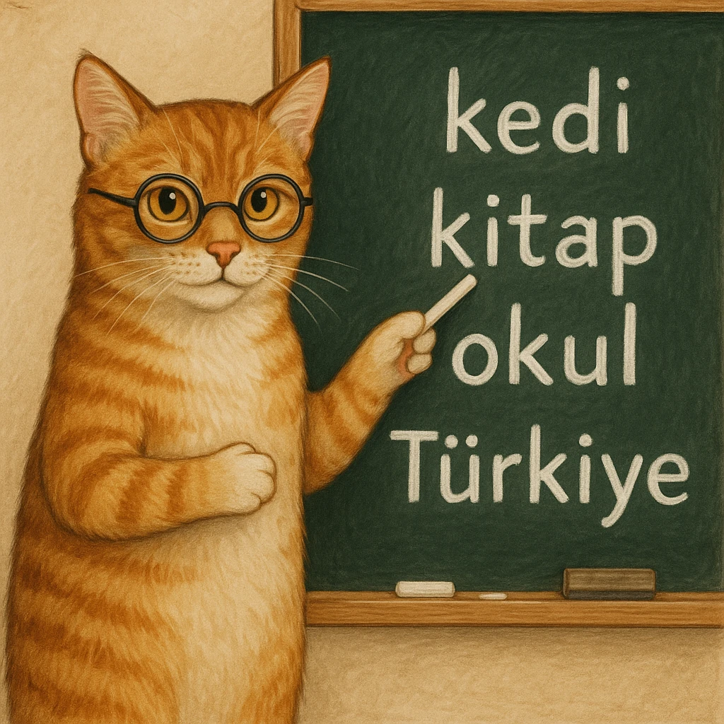 A Turkish cat at a chalkboard, pointing to Turkish words, looking scholarly and helpful emoji