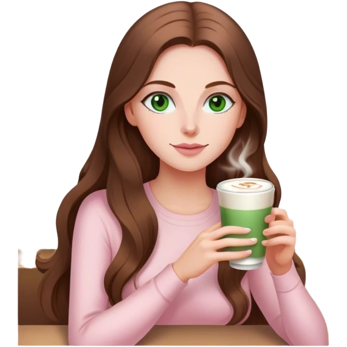 pretty woman with very long brown hair and green eyes and light pink outfit drinking a latte emoji
