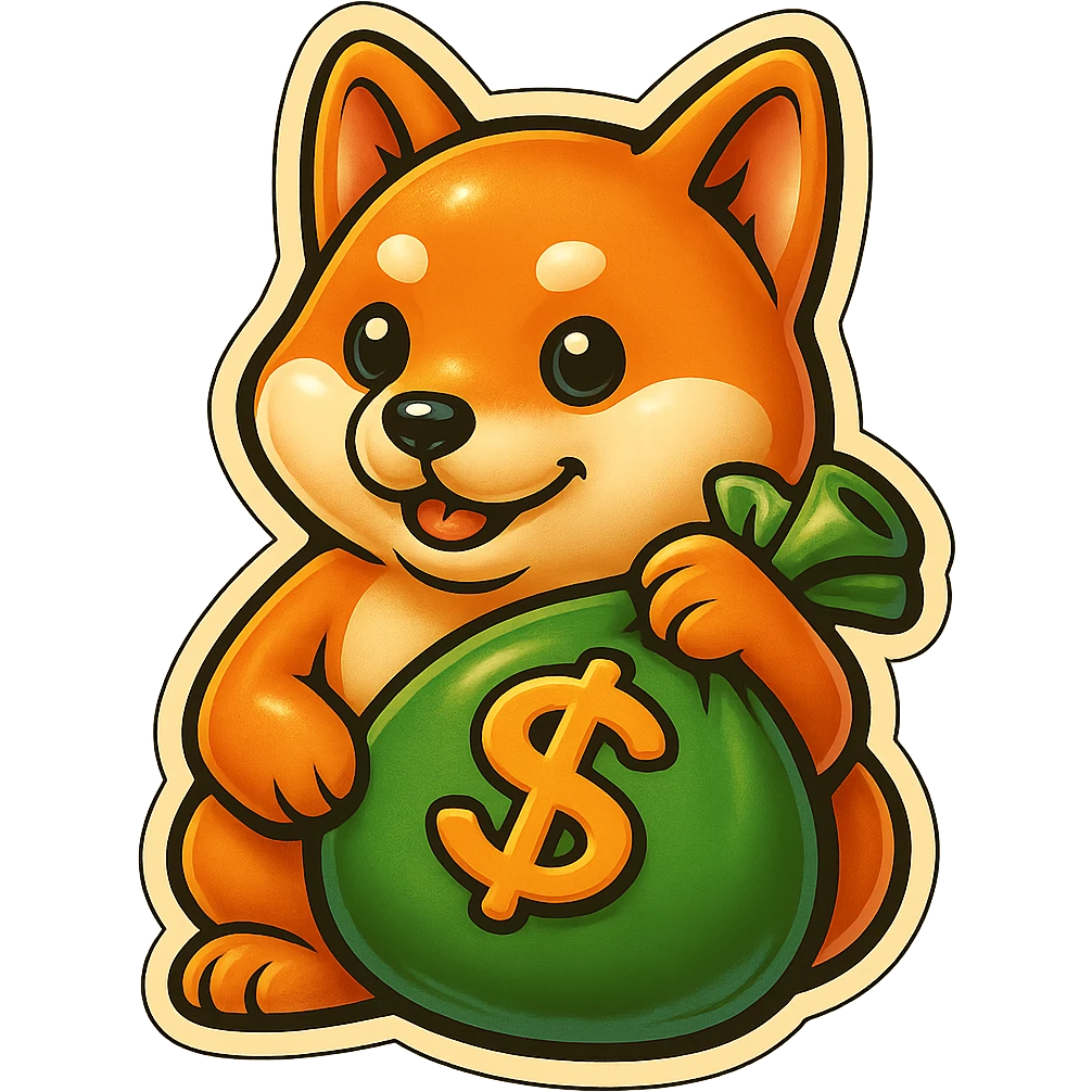 Make the bag of money much bigger while keeping the Shiba Inu and the retro stickers style the same, with no background. emoji
