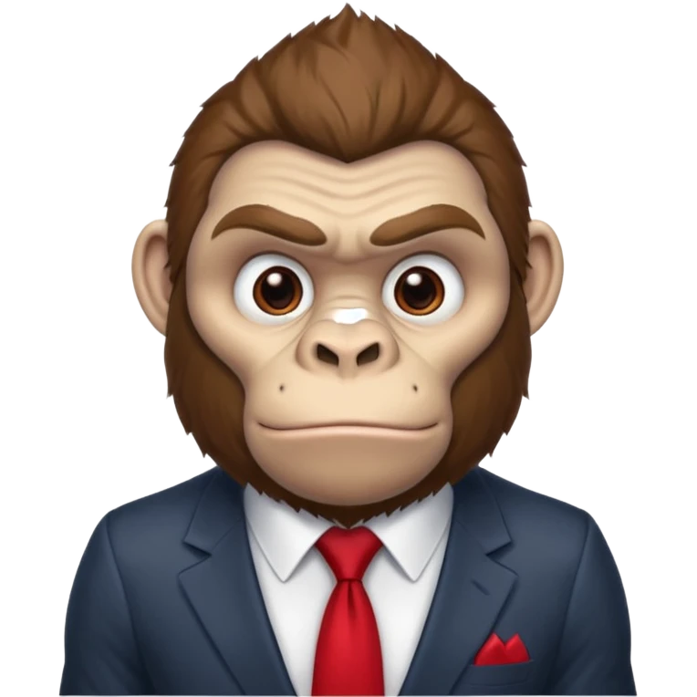 Brown haired cartoon gorilla with tufted tip of hair on the top of his head, light skin tone, heavy brows and cartoony eyes, he is a strong ape with and a red tie, but doesn't were any suit  emoji