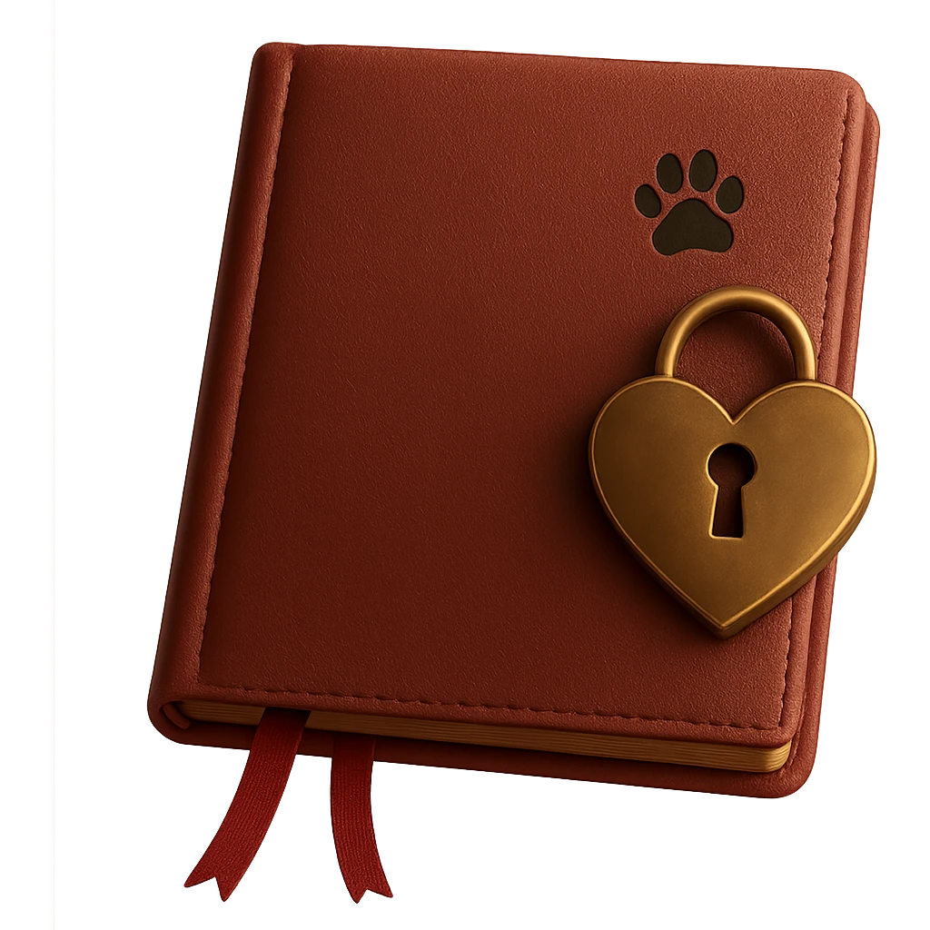 Add a small paw print to the pink leather-bound diary with heart-shaped lock. Keep the background transparent. The style should be realistic and detailed. emoji