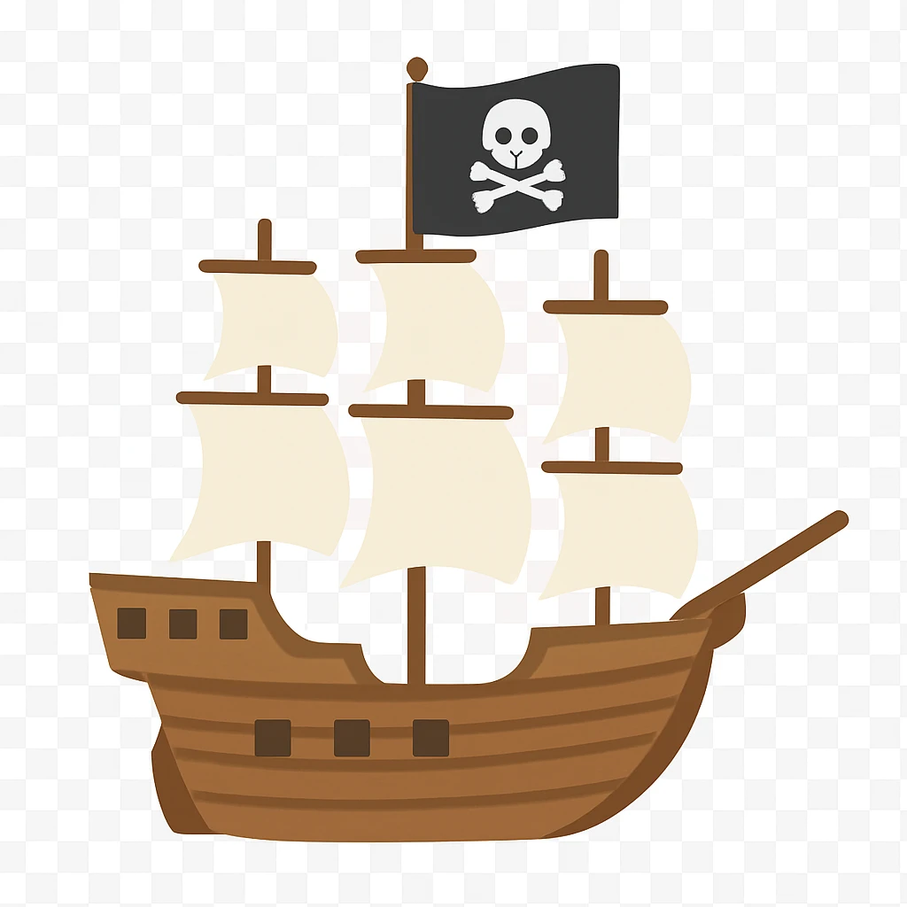 pirate ship with skull and crossbones flag, wooden sailing vessel with multiple sails emoji