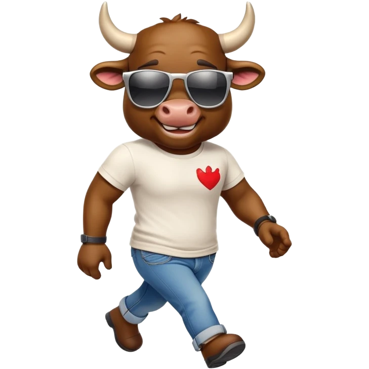 smiling bull character in jeans, t-shirt, and sunglasses, walking quickly emoji